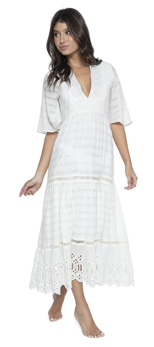 PilyQ Women Juniper Crochet Trim Long Dress Swim Cover-up White Size XS/S